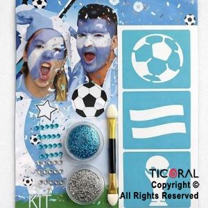 KIT MAQUILLAJE ARTISTICO ARGENTINA MUNDIAL GLITTER CELESTE Y PLATA(4 GR)+PINCEL+STRASS+STENCIL